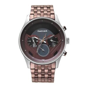 Fastrack Thor Quartz Multifunction Two Toned Black & Red Dial Brown Metal Strap Watch for Guys – NT3286KM01